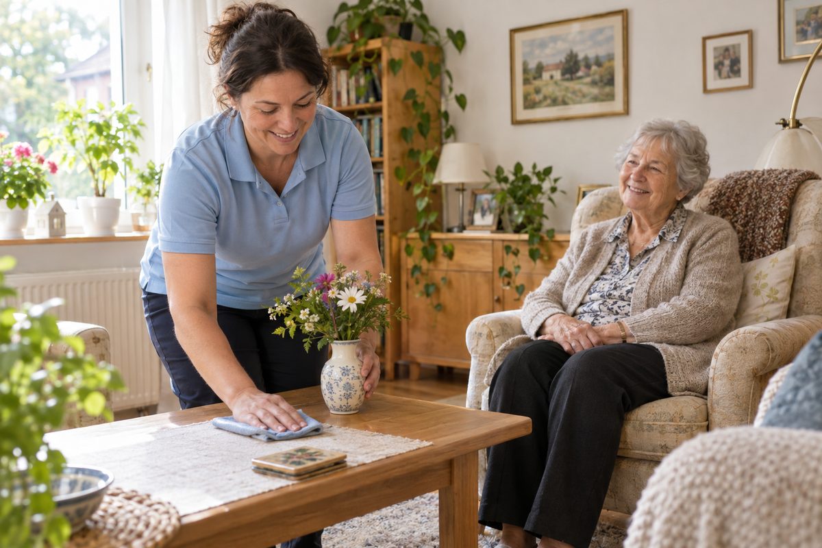 Haushaltshilfe in Bielefeld putzt und hält Ordnung im Wohnzimmer einer Seniorin